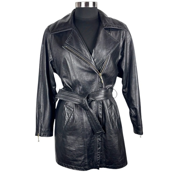 VINTAGE PROMODA GENUINE LEATHER BLACK CLASSIC ASYMMETRIC ZIP FRONT BELTED JACKET - Picture 4 of 16